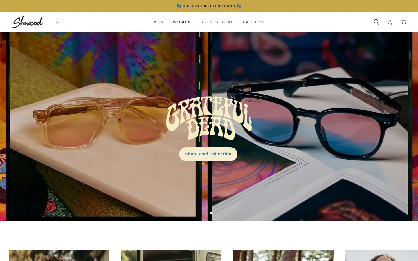 Shwood Eyewear online store home page with a sunglasses collection banner