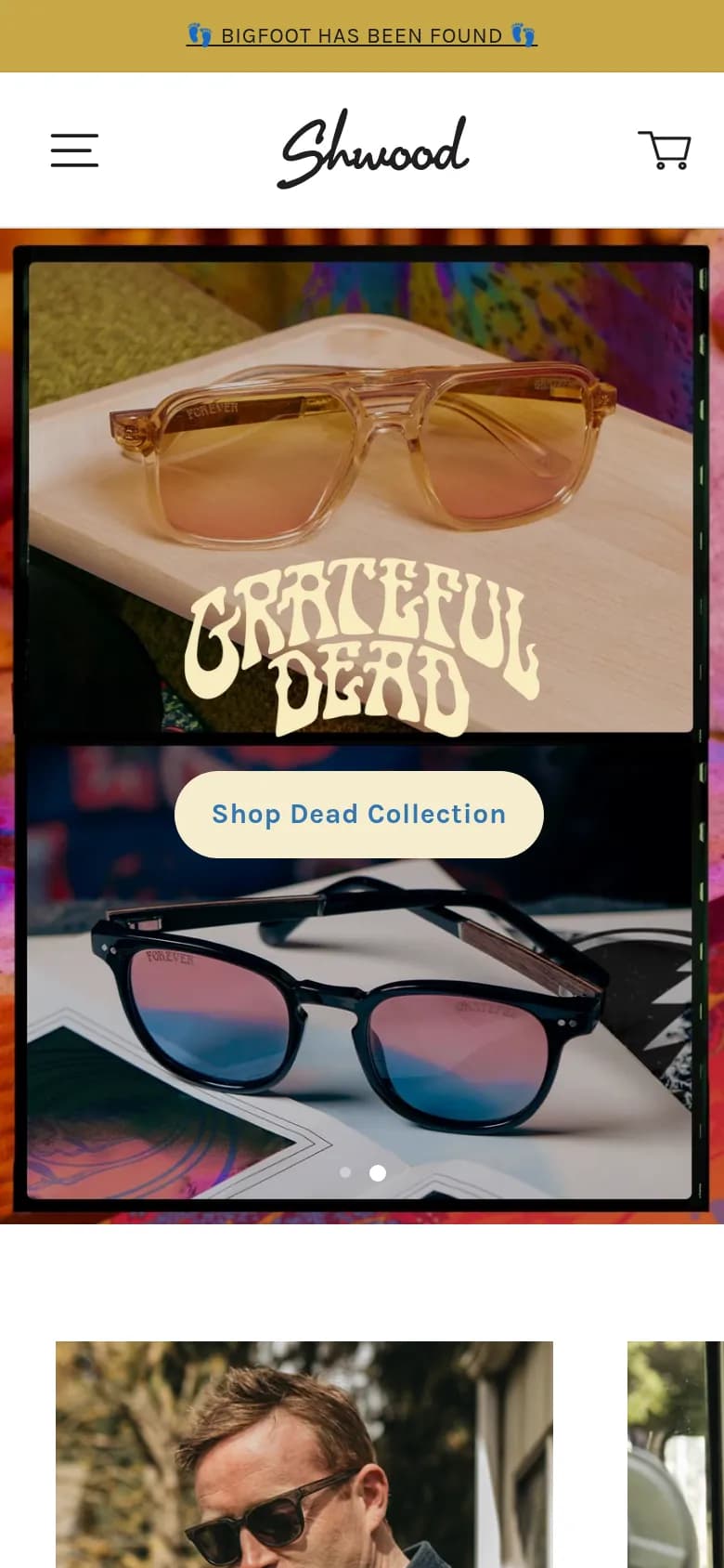 Shwood Eyewear online store on a phone with a Shop Dead Collection button