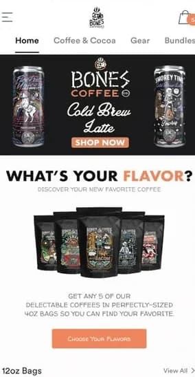 Bones Coffee shopping app home screen