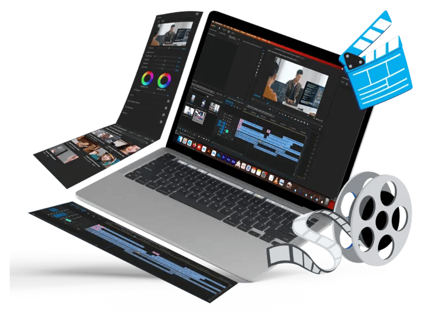 Two laptops display video editing software on their screens, with video reels popping out from the screens