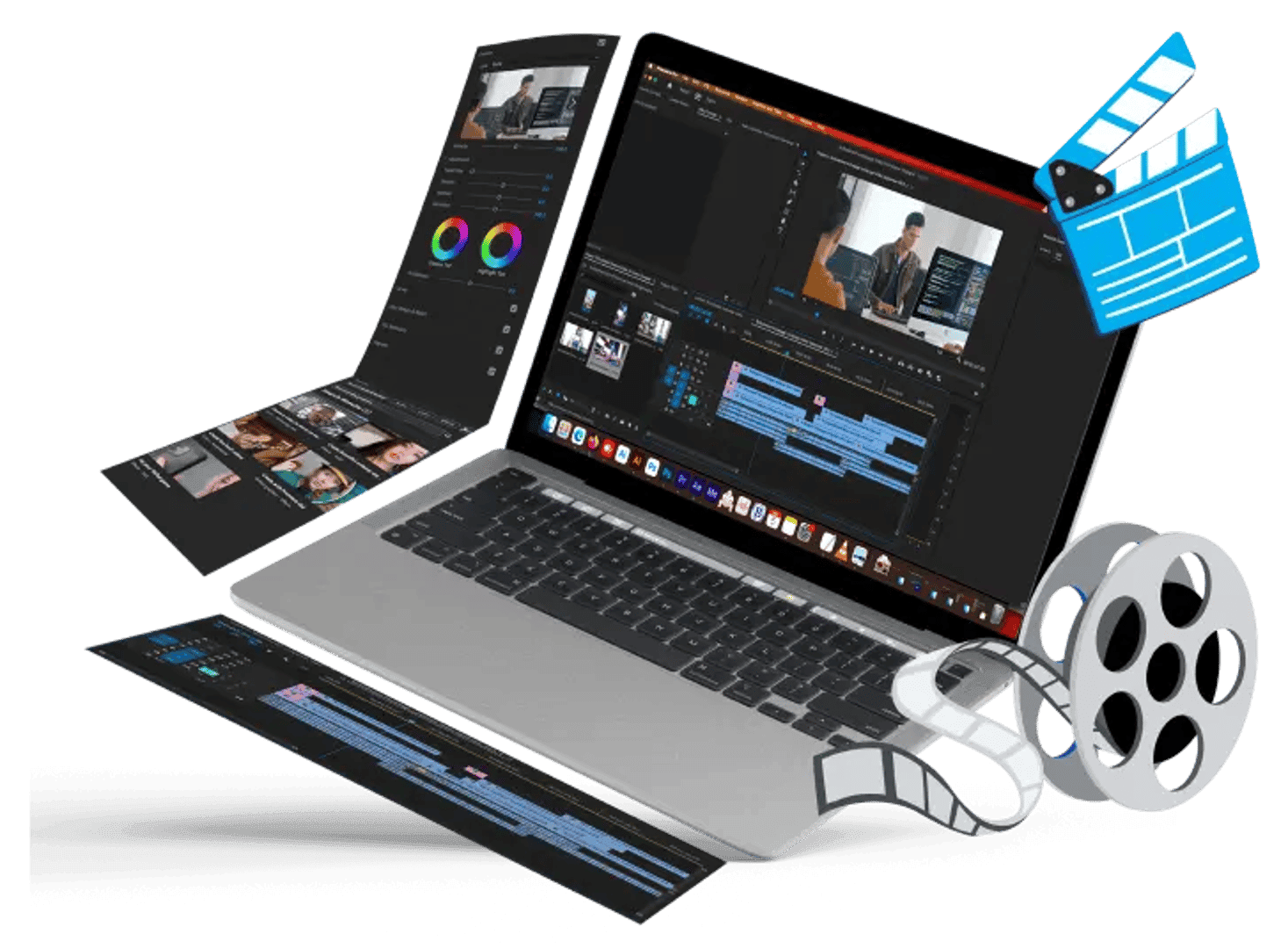 Two laptops display video editing software on their screens, with video reels popping out from the screens