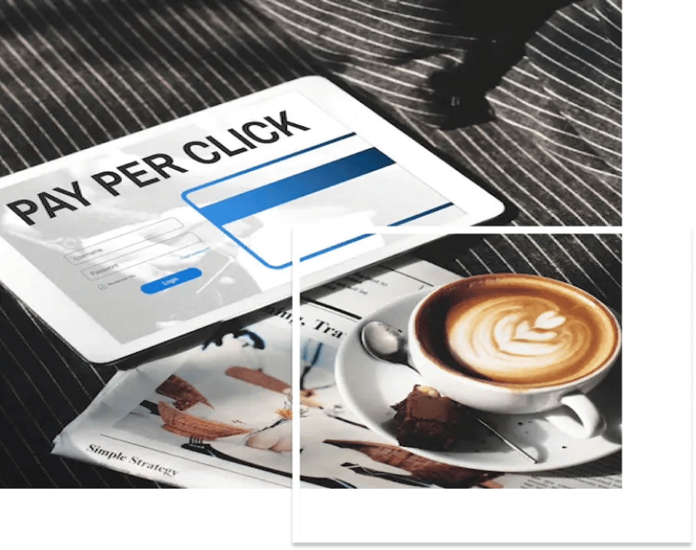 A cup of coffee with a spoon and plate is placed on a newspaper, with a tablet placed next to it which contin Pay per click text