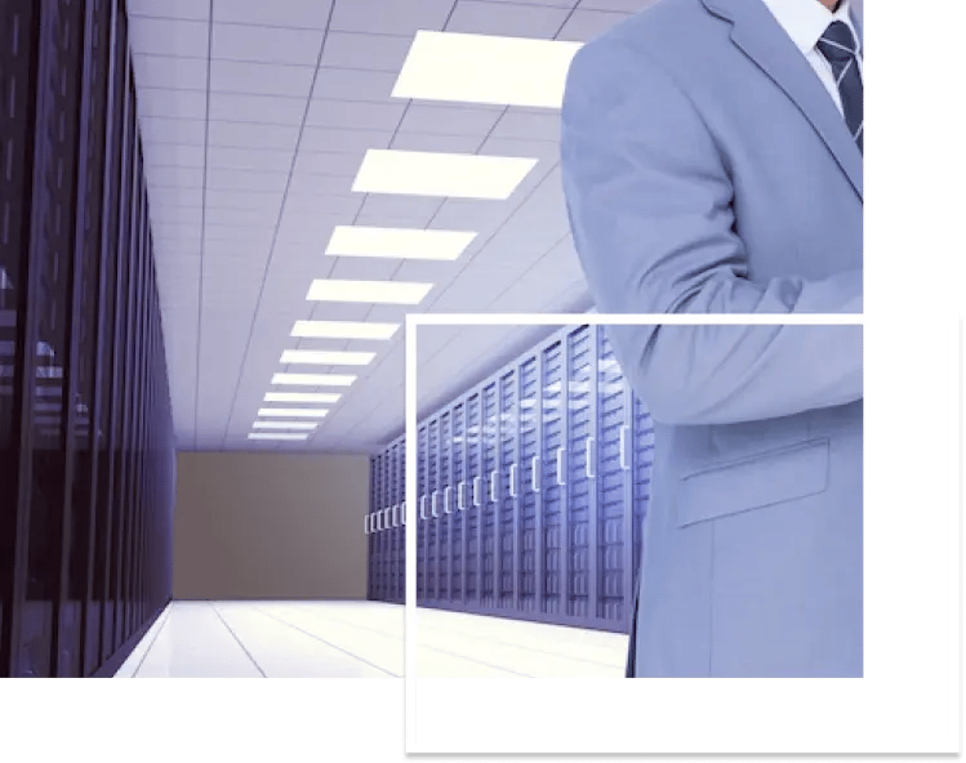 a person in a suit standing in a hosting server room